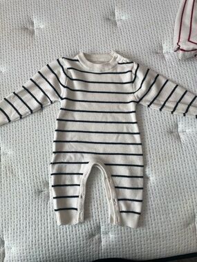 Striped Knit Baby One-Piece Romper in White and Navy